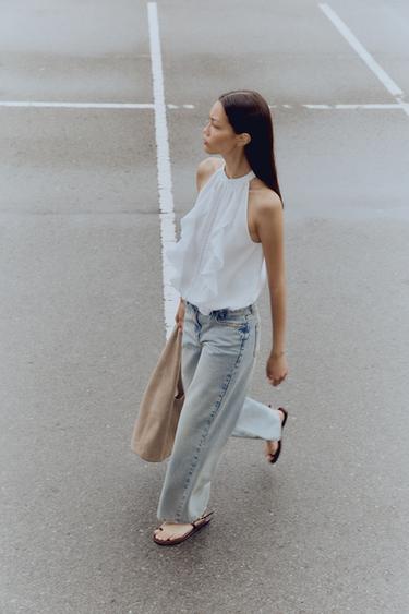 Zara 苧麻荷葉邊繞頸吊帶上衣 - 白色 - 圖片 0