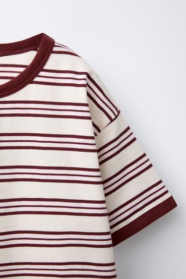 TIMELESZ - STRIPE T-SHIRT WITH CONTRAST TRIM - Ecru / Maroon by Zara - Image 2