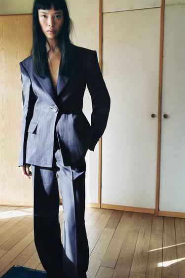 Zara HERRINGBONE TAILORED BLAZER WITH SHOULDER PADS - Indigo