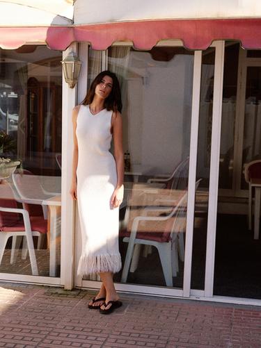 Zara Knit dress with fringed hem - Ecru - Image 0