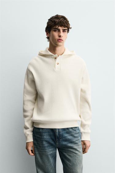 Zara HOODIE WAFFLE WEAVE SWEATSHIRT - Light beige