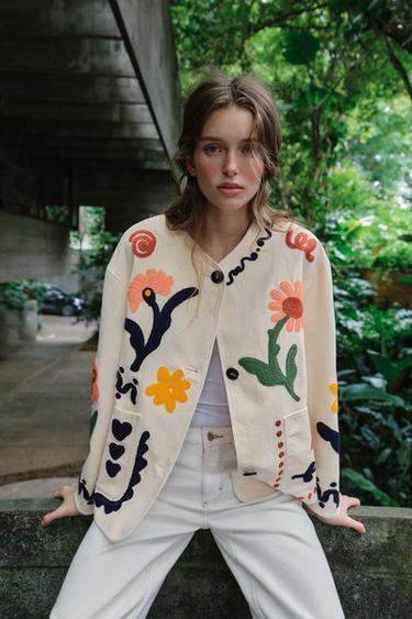 100% COTTON FLORAL EMBROIDERED CARDIGAN - Ecru by Zara