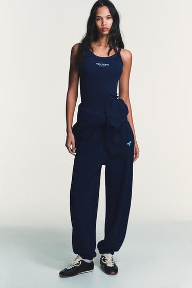 Zara RIBBED TEXT T-SHIRT - Blue - Image 0