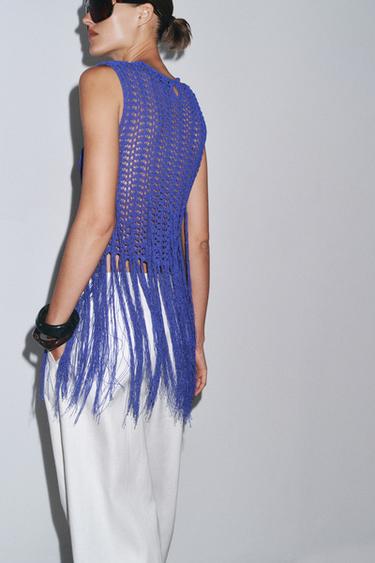 TOP EN MAILLE CROCHET FRANGES - Bleu de Zara - Image 2