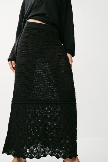 Zara POINTELLE KNIT LONG SKIRT - Black