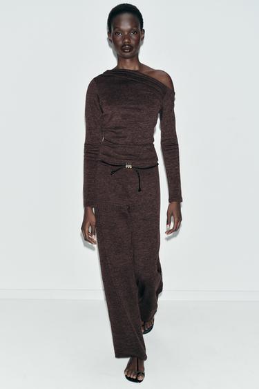 Zara PIQUÉ BELTED PANTS - Dark brown