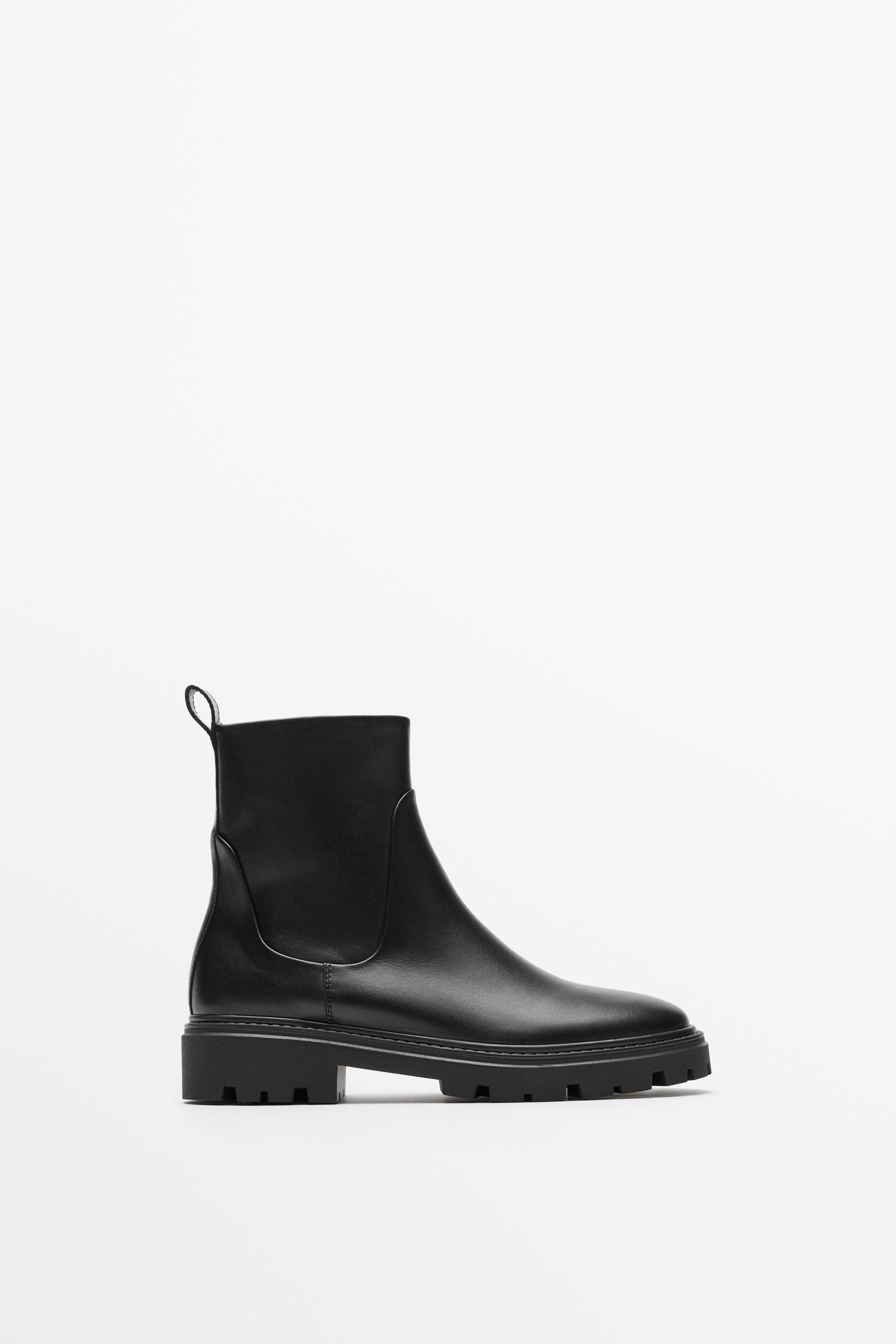 Flat leather ankle boot with track sole - Black | ZARA United States