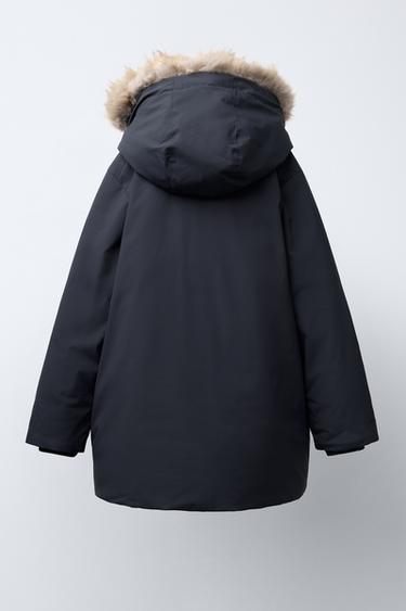 Zara LONG FEATHER DOWN WATER REPELLENT PUFFER COAT WITH DETACHABLE FAUX FUR HOODIE - Charcoal gray