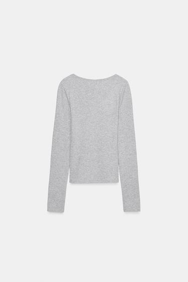 T-SHIRT À MANCHES LONGUES - Gris chiné de Zara - Image 4