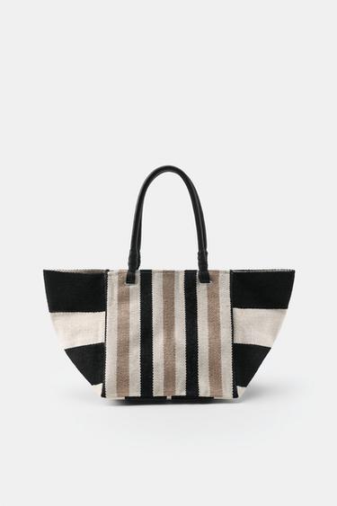 STRIPED LEATHER HANDLE BAG - Sand by Zara