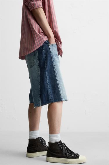 DENIM BERMUDA SHORTS WITH CONTRAST BANDS - Mid-blue by Zara