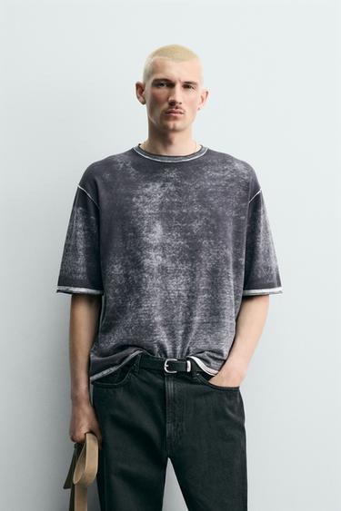 WASHED PRINTED KNIT T-SHIRT - Faded blue by Zara