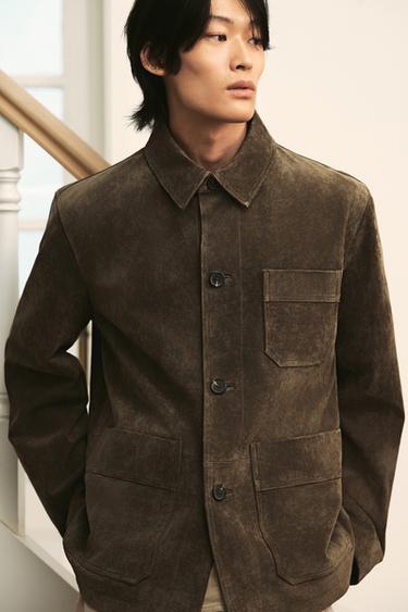 Zara 絨面皮革襯衫式外套 - 中卡其色