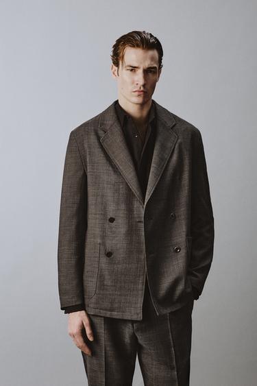 Zara 100% 羊毛雙排扣西裝外套 - 棕色