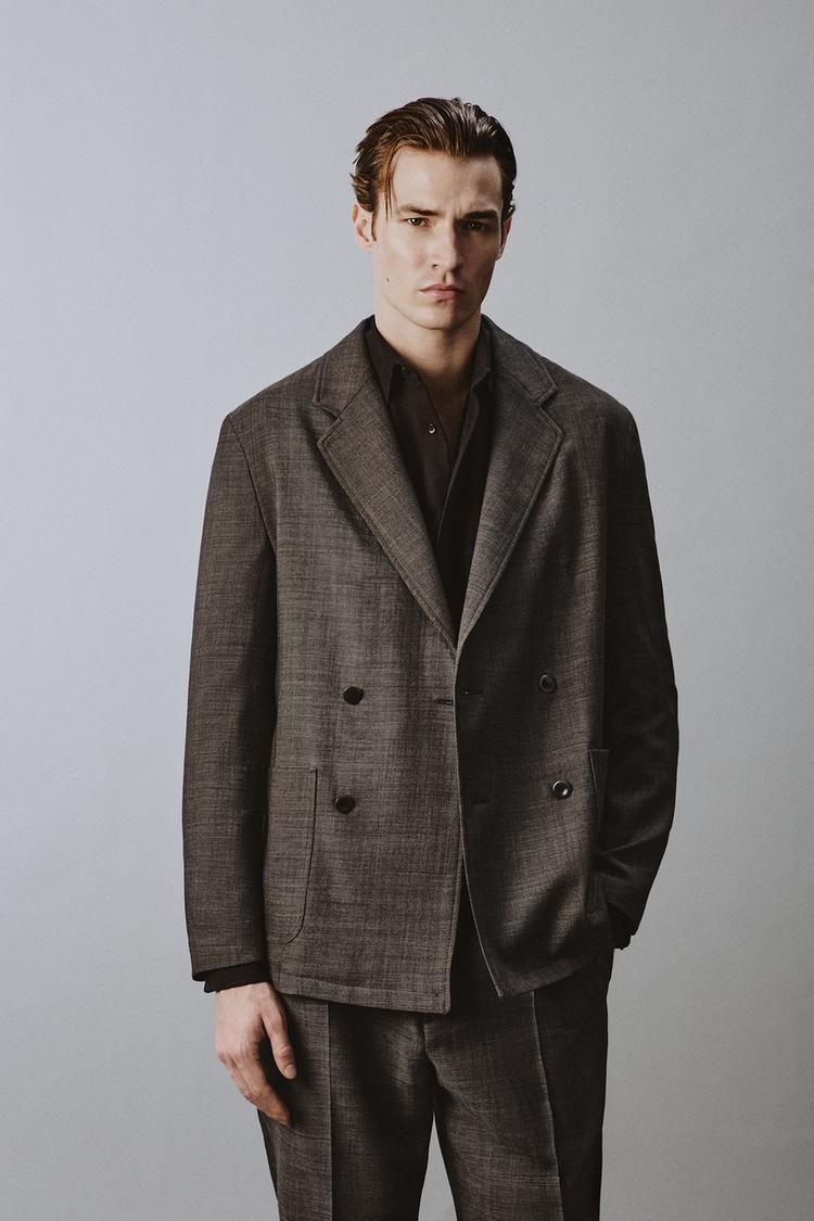 ZARA DOUBLE-BREASTED 100% WOOL TEXTURED SUIT BLAZER