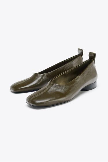BALLERINES EN CUIR À TALONS BAS - Vert kaki de Zara - Image 1