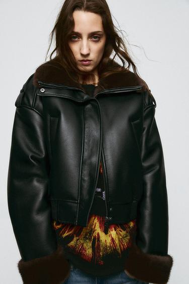 CAZADORA BOMBER DOBLE FAZ EFECTO PIEL - Negro de Zara