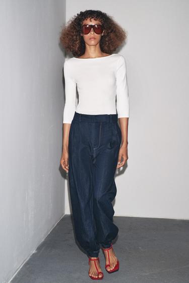Zara COTTON BOAT NECK T-SHIRT - White