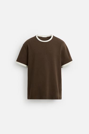 Zara BASIC CONTRAST RIBBED T-SHIRT - Brown / Ecru
