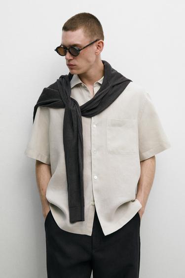 Zara 100% linen regular fit short sleeve shirt - Beige