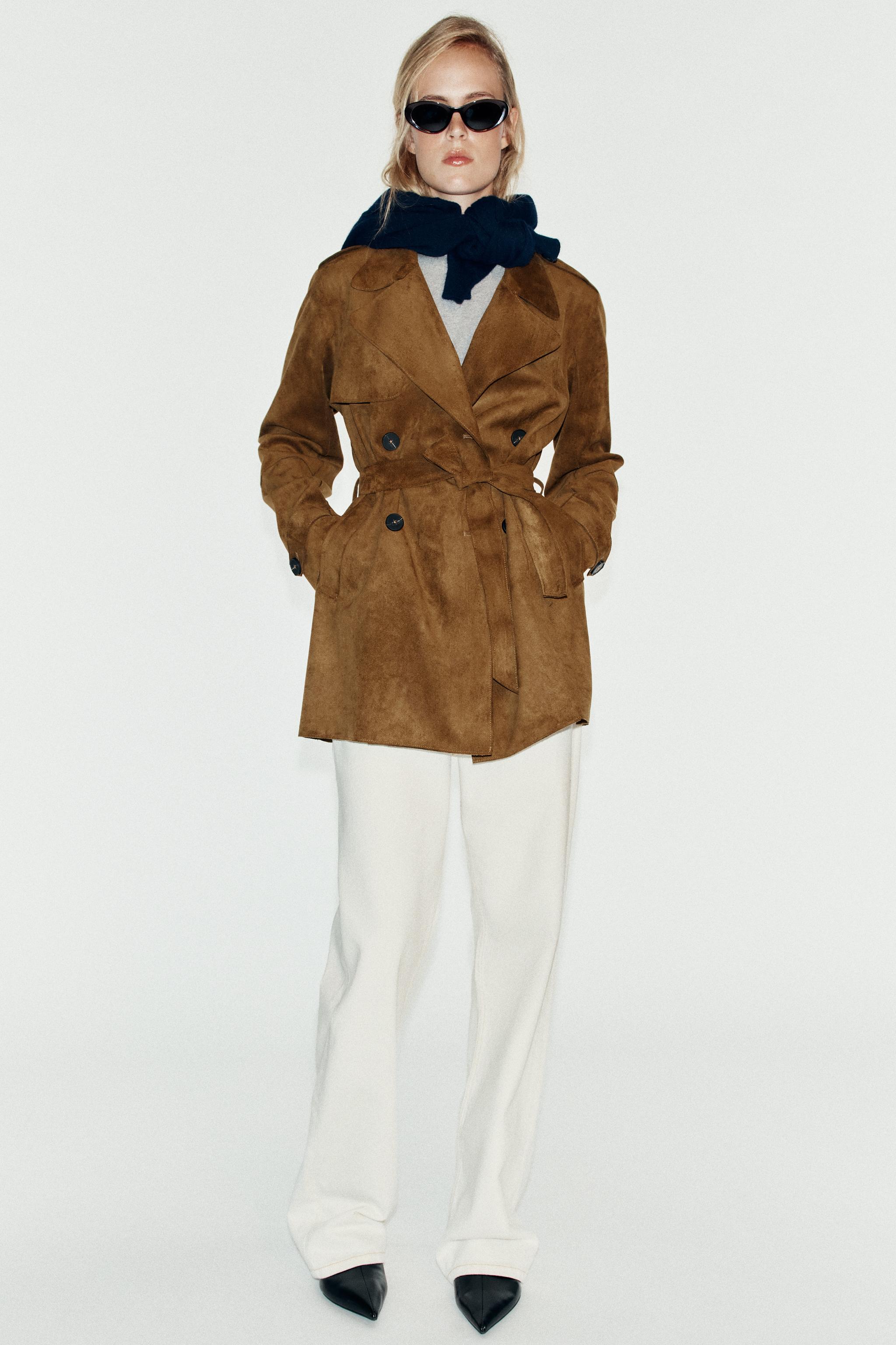BELTED SUEDE EFFECT TRENCH COAT — Brown