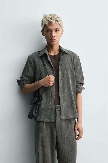 アシンメトリーテクスチャー地リラックスフィットシャツグレーグリーンZaraのアシンメトリーテクスチャー地リラックスフィットシャツ - グレーグリーン 