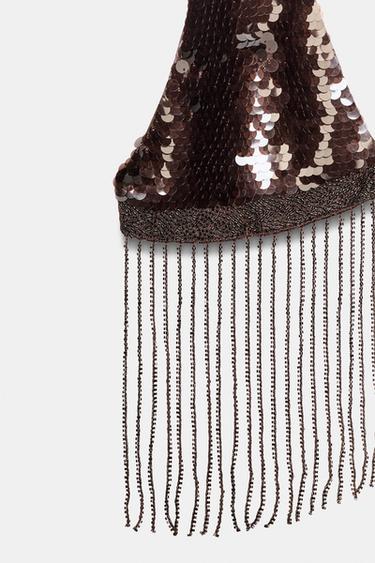 TOP COURT À PAILLETTES ET FRANGES - Chocolat de Zara - Image 6