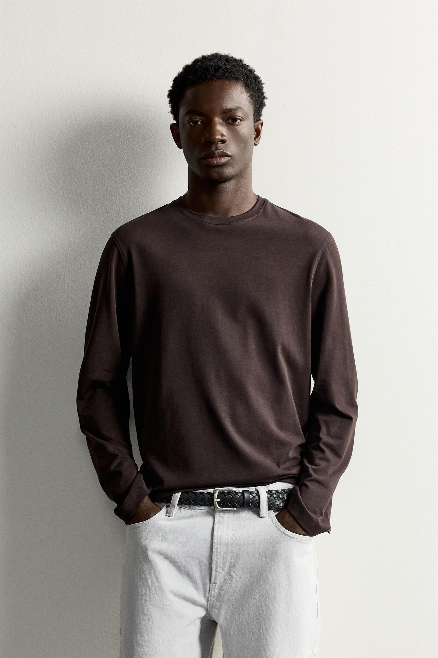 Мужская футболка Zara Regular Fit Long-Sleeve T-SHIRT, цвет: Коричневый — фото 2