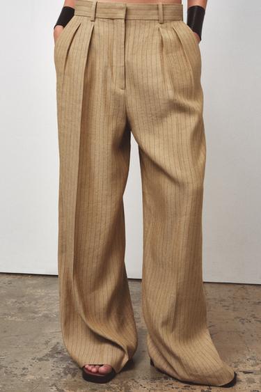 PANTALON À PINCES À RAYURES EN LIN ZW COLLECTION - Camel clair de Zara - Image 1