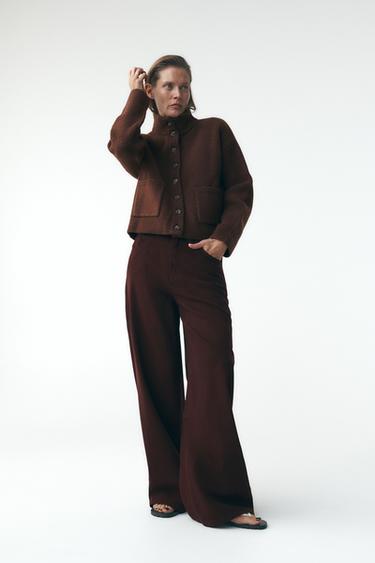 Zara ZW COLLECTION HIGH WAIST WIDE LEG JEANS - Burgundy