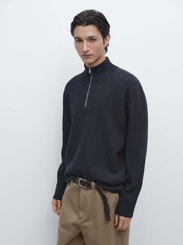 Zara Mock neck knit sweater with zip - Faded navy