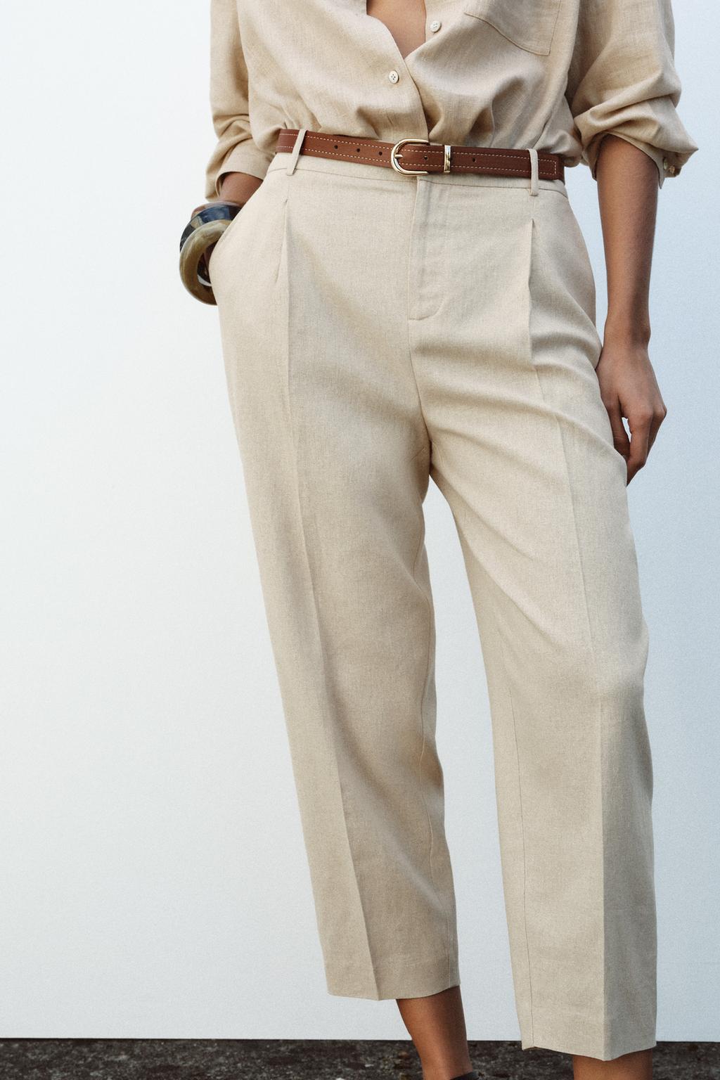 LINEN BELTED STRAIGHT-LEG TROUSERS
