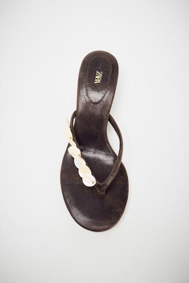 Zara BEADED KITTEN HEEL SANDALS - Brown