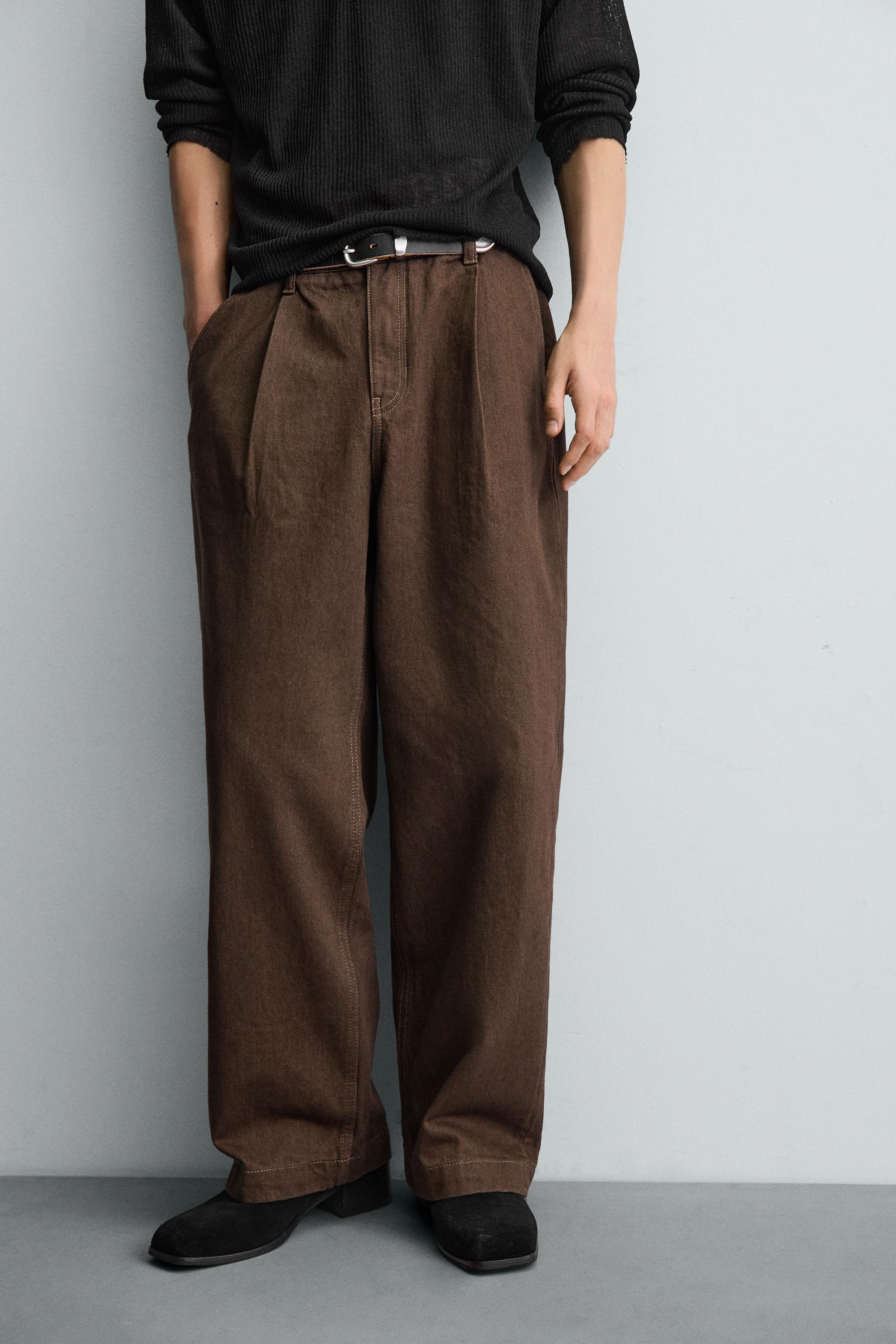 HTH ワイドレッグ デニムパンツ ブラウン プリーツ加工ワイドレッグデニムパンツ - ブラウン | ZARA Japan