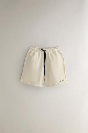 COTTON BERMUDA SHORTS WITH CONTRAST DRAWSTRINGS - Ecru / Blue by Zara