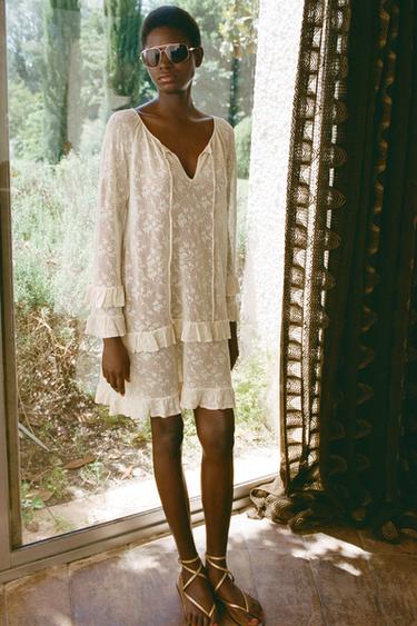 POINTELLE KNIT RUFFLE DRESS - Ecru by Zara