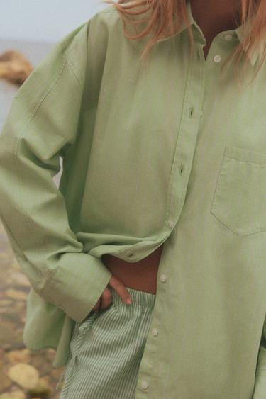 Zara 條紋府綢加大版襯衫 - 綠色/白色