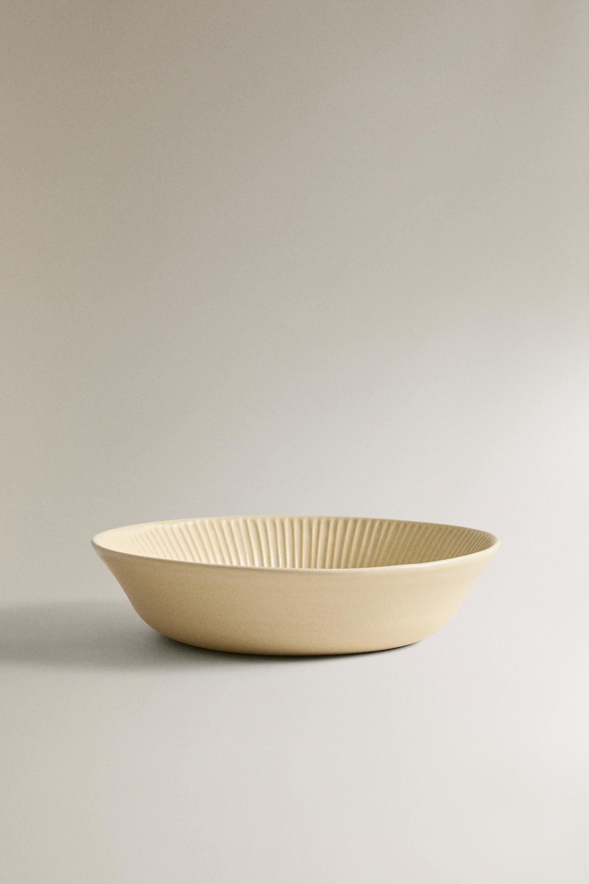 STRIPED STONEWARE SOUP PLATE — Dark beige