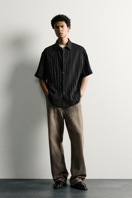 Мужская рубашка Zara Relaxed Fit Textured, цвет: Чёрный