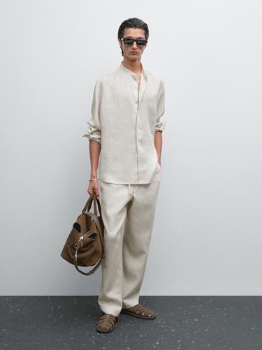 Zara 100% linen regular fit stand-up collar shirt - Sand