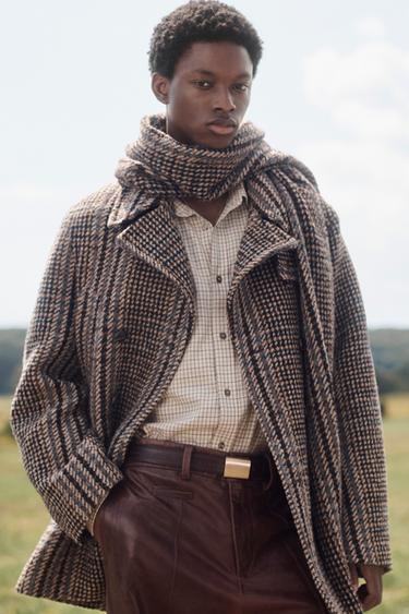 LIMITED EDITION CHECKED CROPPED COAT WITH SCARF - Brown by Zara