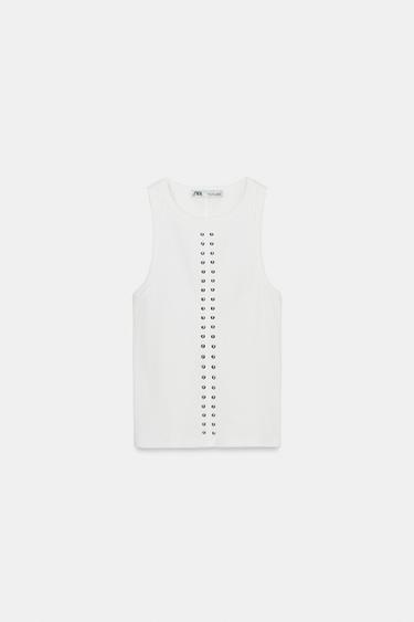 Zara RIBBED TOP WITH STUDS - White