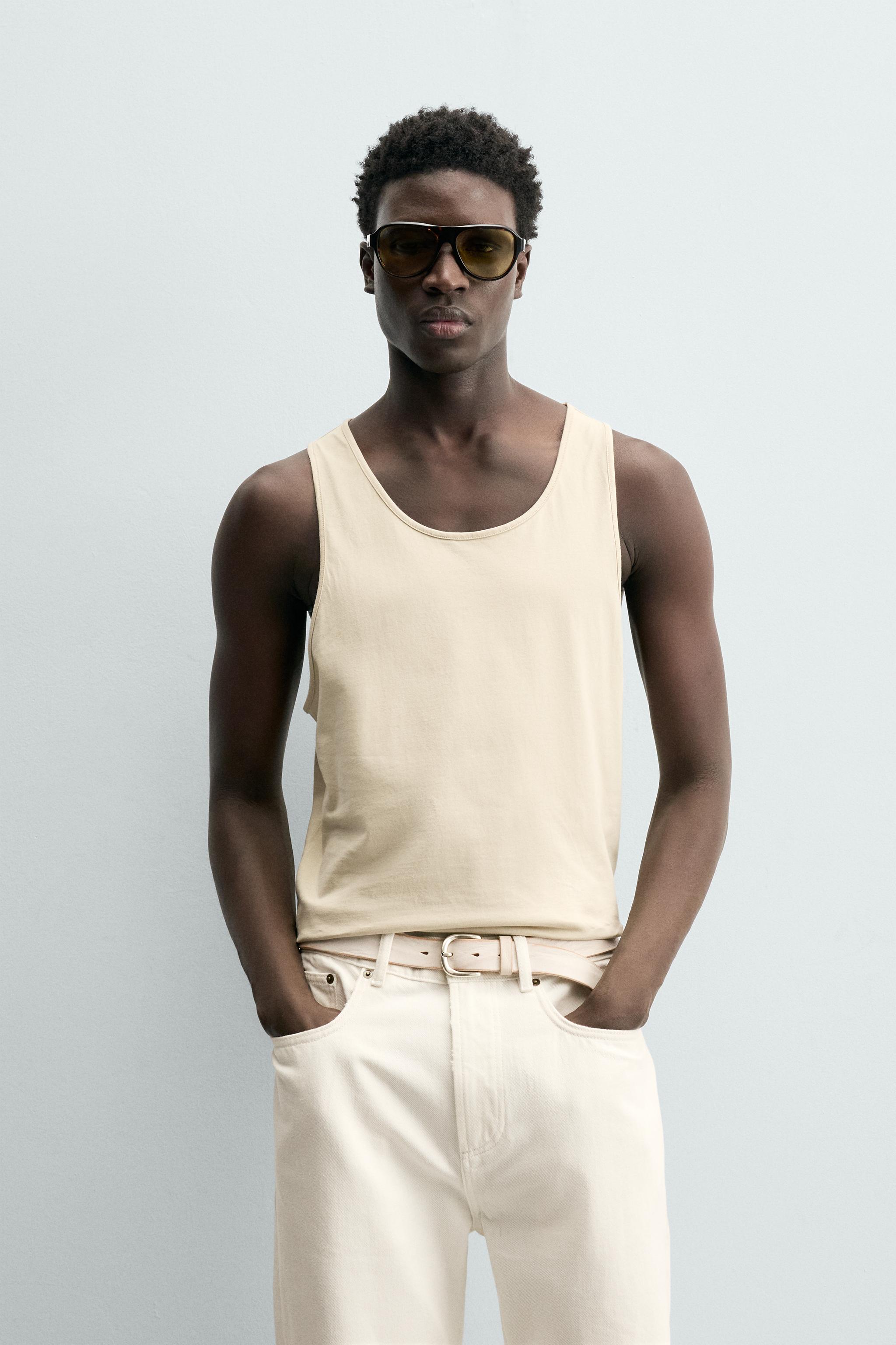MEDIUM WEIGHT REGULAR FIT TANK TOP — Light beige