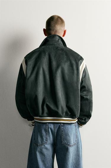 SUEDE-EFFECT PATCH BOMBER JACKET — Green 2