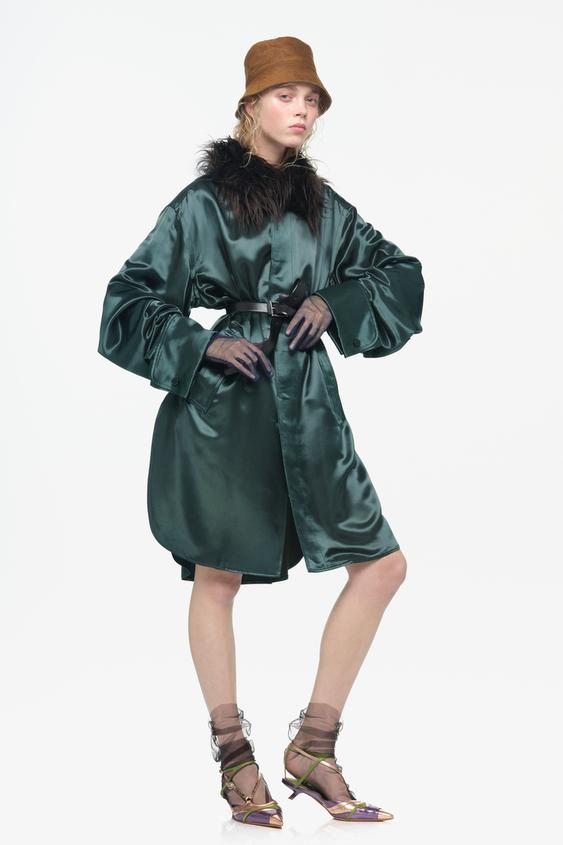 LIMITED EDITION SATIN OVERSHIRT WITH FAUX FUR COLLAR - Grey green by Zara - Image 0