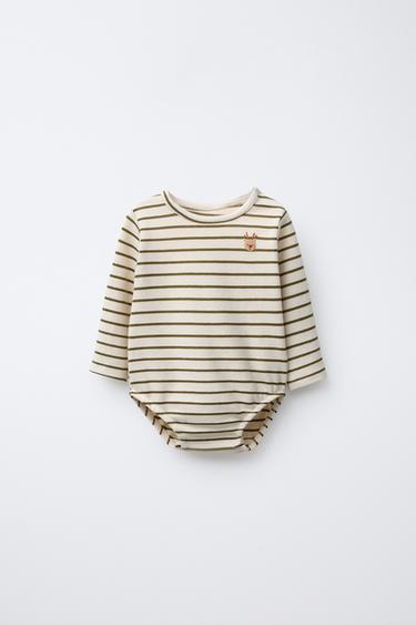 Zara STRIPED EMBROIDERED REINDEER BODYSUIT - Ecru / Green - Image 0