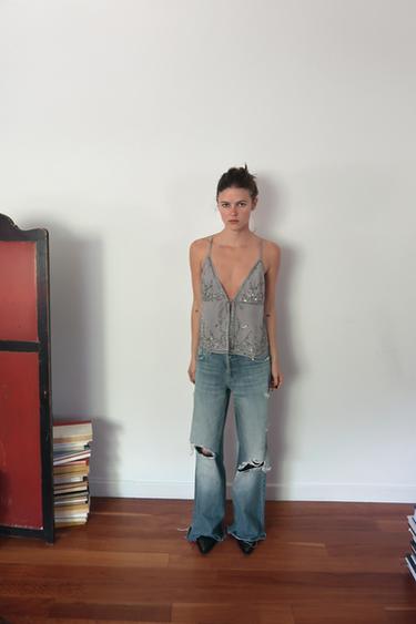 Zara TRF RIPPED MID-RISE FLARE JEANS - Blue