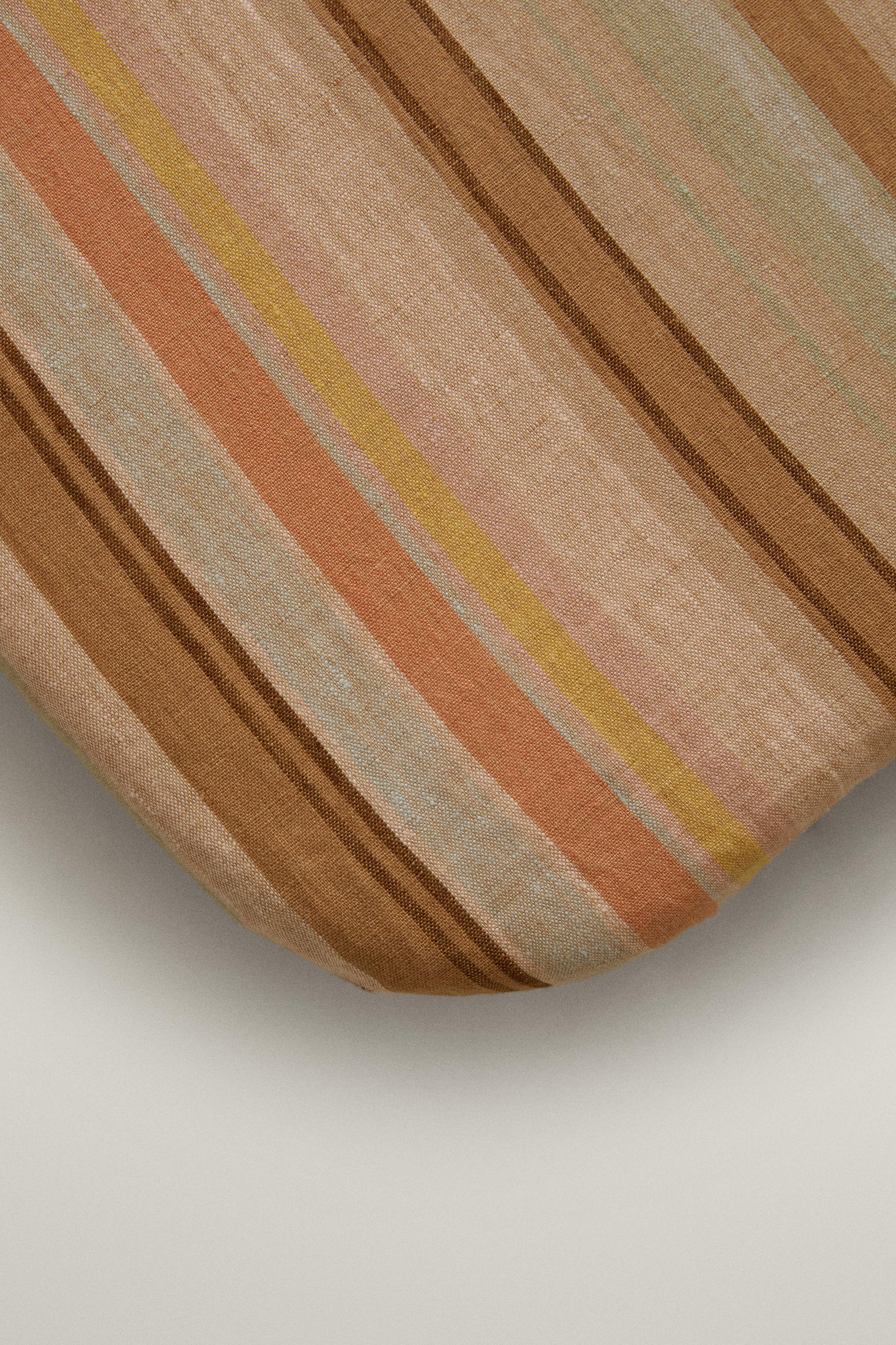 STRIPED COTTON AND LINEN ACCENT CHAIR SEAT CUSHION — Light beige