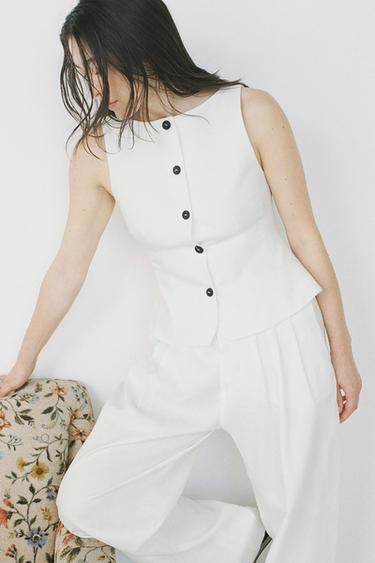 ペプラムベスト リネン100% ZW COLLECTIONホワイトZaraのペプラムベスト リネン100% ZW COLLECTION - ホワイト 