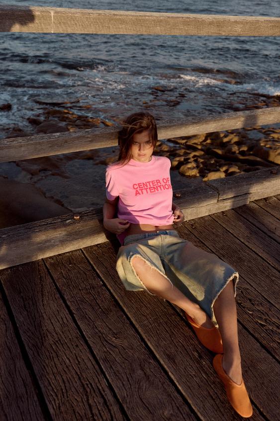 Zara WASHED EFFECT TEXT T-SHIRT - Pink - Image 0